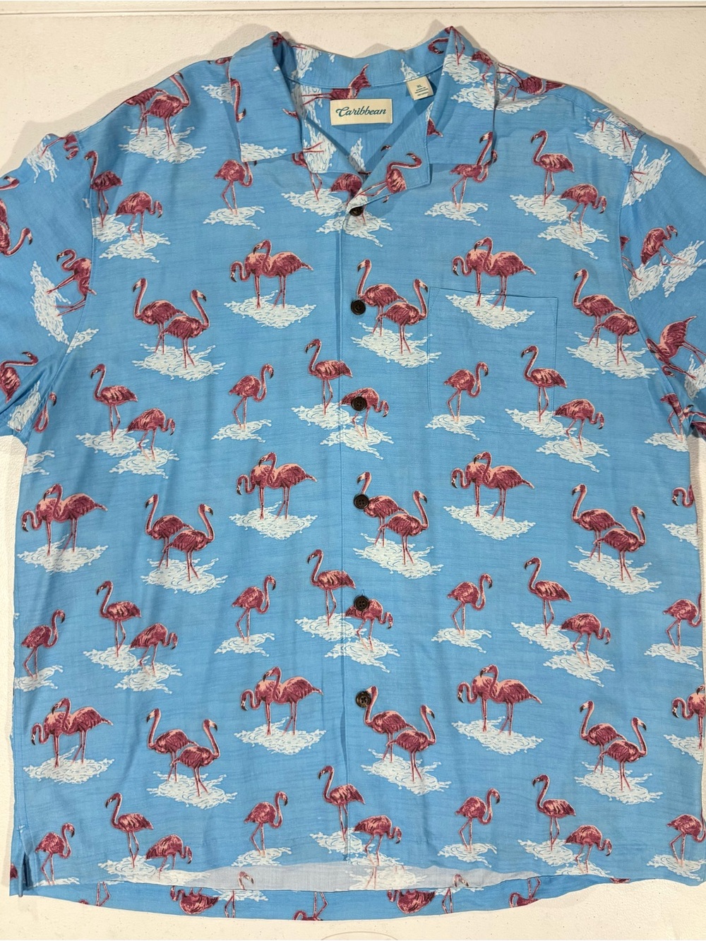 Caribbean XL Hawaiian Shirt Blue with Pink Flamingos Button Down